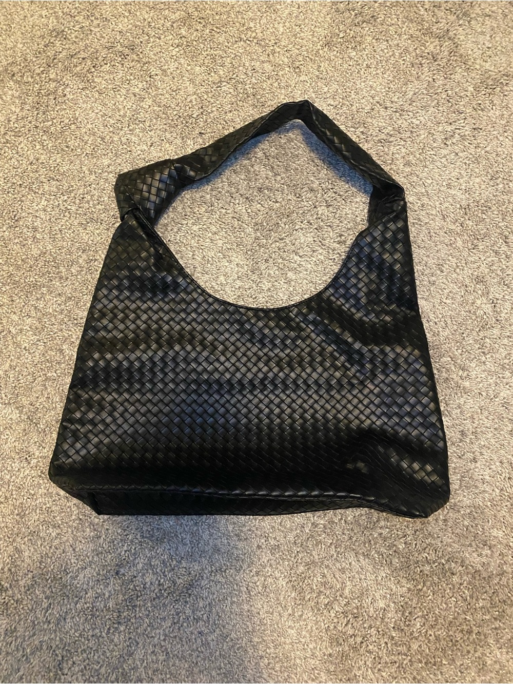 Woven Faux Leather Hobo Bag - Black